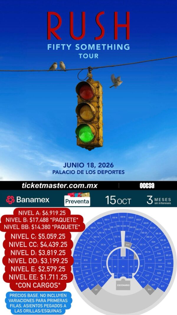 RUSH  FIFTY SOMETHING TOUR  Jueves 18 de Junio del 2026  Palacio de los Deportes  CDMX  México