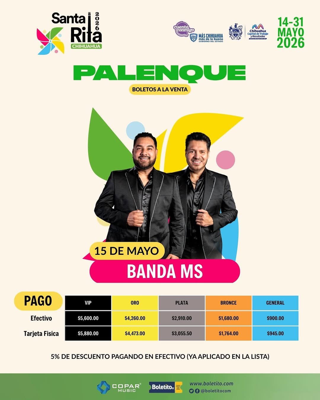 Boletos Banda MS Palenque Santa Rita Chihuahua 2026 | 15 de Mayo | Feria Chihuahua